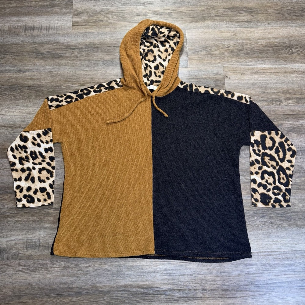 Perfect Peach Cozy Color-Block Sweater Pullover Hoodie Womens 3XL Leopard Print